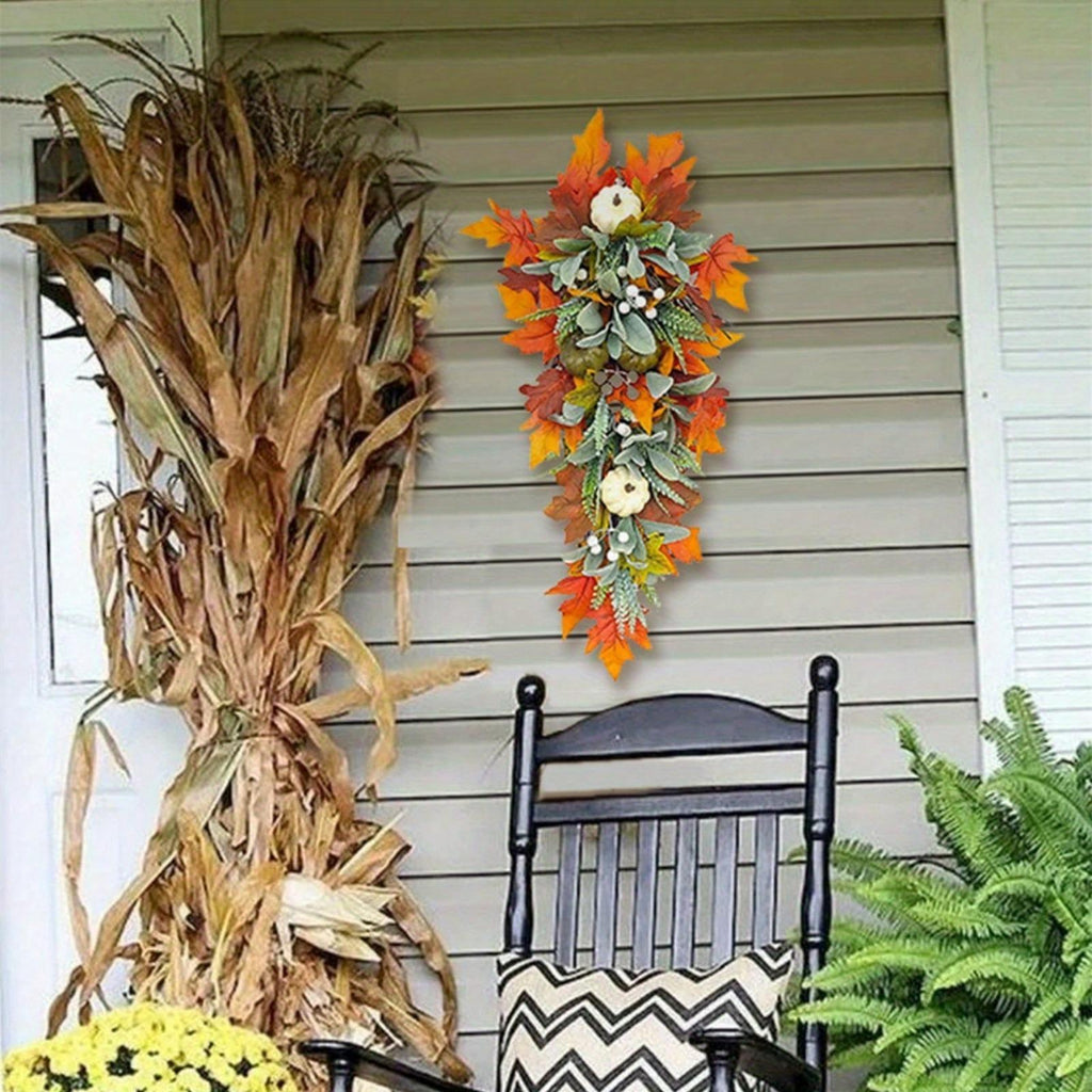 Sunflower pumpkin maple leaf door swag arranged for autumn fall front by IPOPU