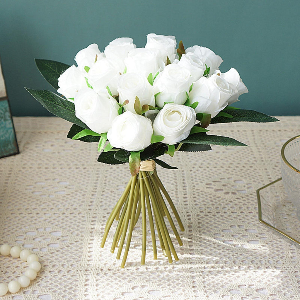 18 Heads Long Stem Silk Rose Artificial Flowers | Wedding Bouquet Centerpiece Bridal Shower Party & Home Decor in Beige Pink White