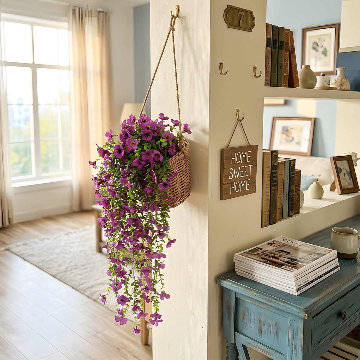 Artificial Hanging Flowers for Outdoors, Morning Glory Artificial Flowers with Eucalyptus Leaves, UV Resistant Fake Flower Realistic Faux Plants for Home Patio Porch Garden