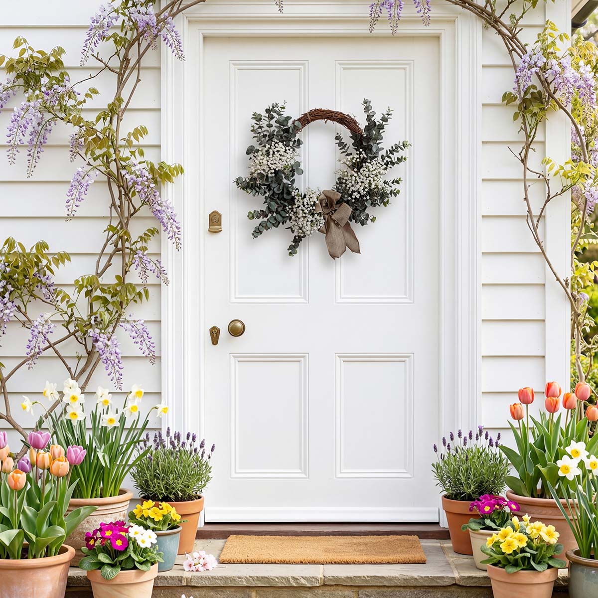 Farmhouse Eucalyptus Wreath with Burlap Bow & White Baby's Breath for Front Door Porch Wall Living Room & Bedroom Decor
