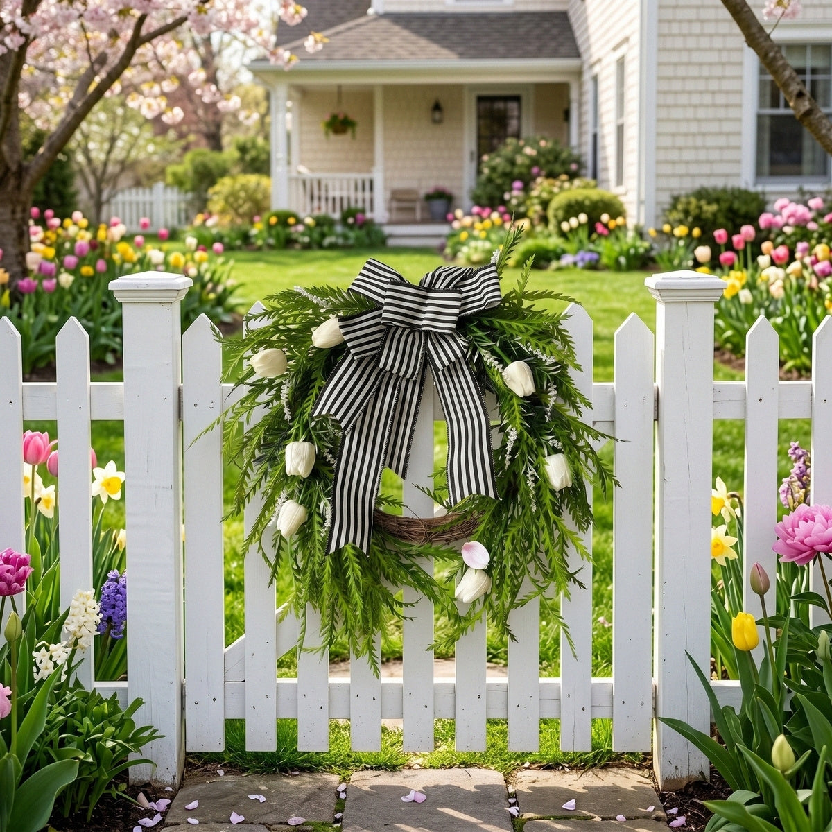 Modern Classic Front Door Wreath with Tulip & Black White Striped Bow Green Foliage for Spring Summer Home Porch & Wall Decor