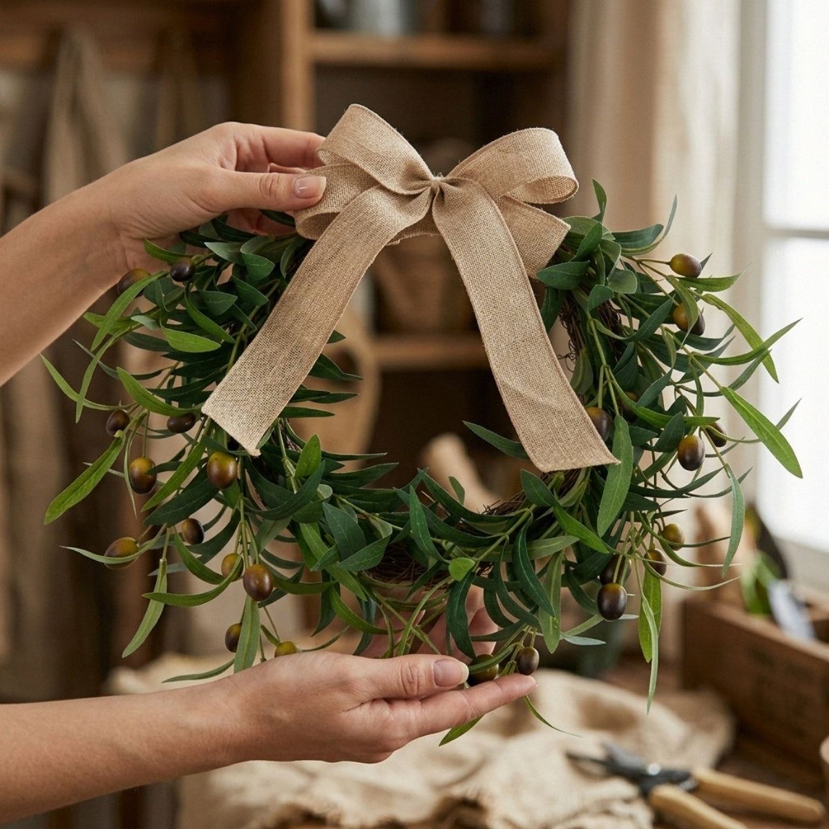 Olive Wreath, 15.7" Artificial Olive Floral Teardrop Faux Green Olive Garland Fake Olive Easter Holiday with Bow Realistic Olive Home Wedding Arch Party Home Wall Garden Decorations
