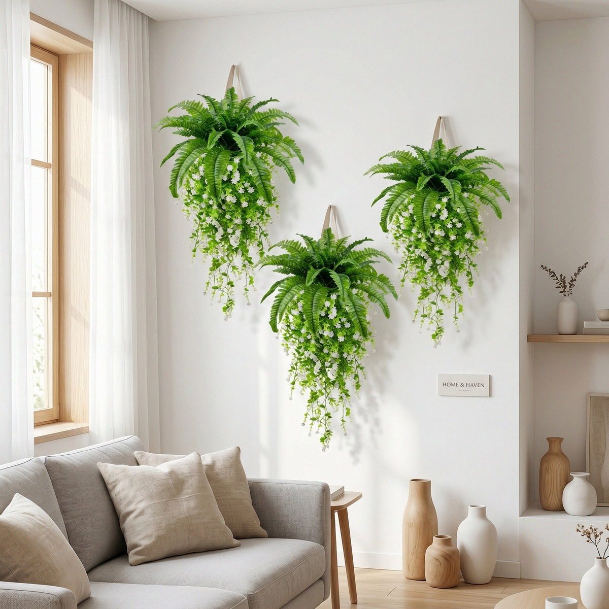 Artificial Hanging Fern Plant with White Flower Vine Fake Boston Fern Wall Basket Greenery for Home Garden Patio Porch Ceiling Decor