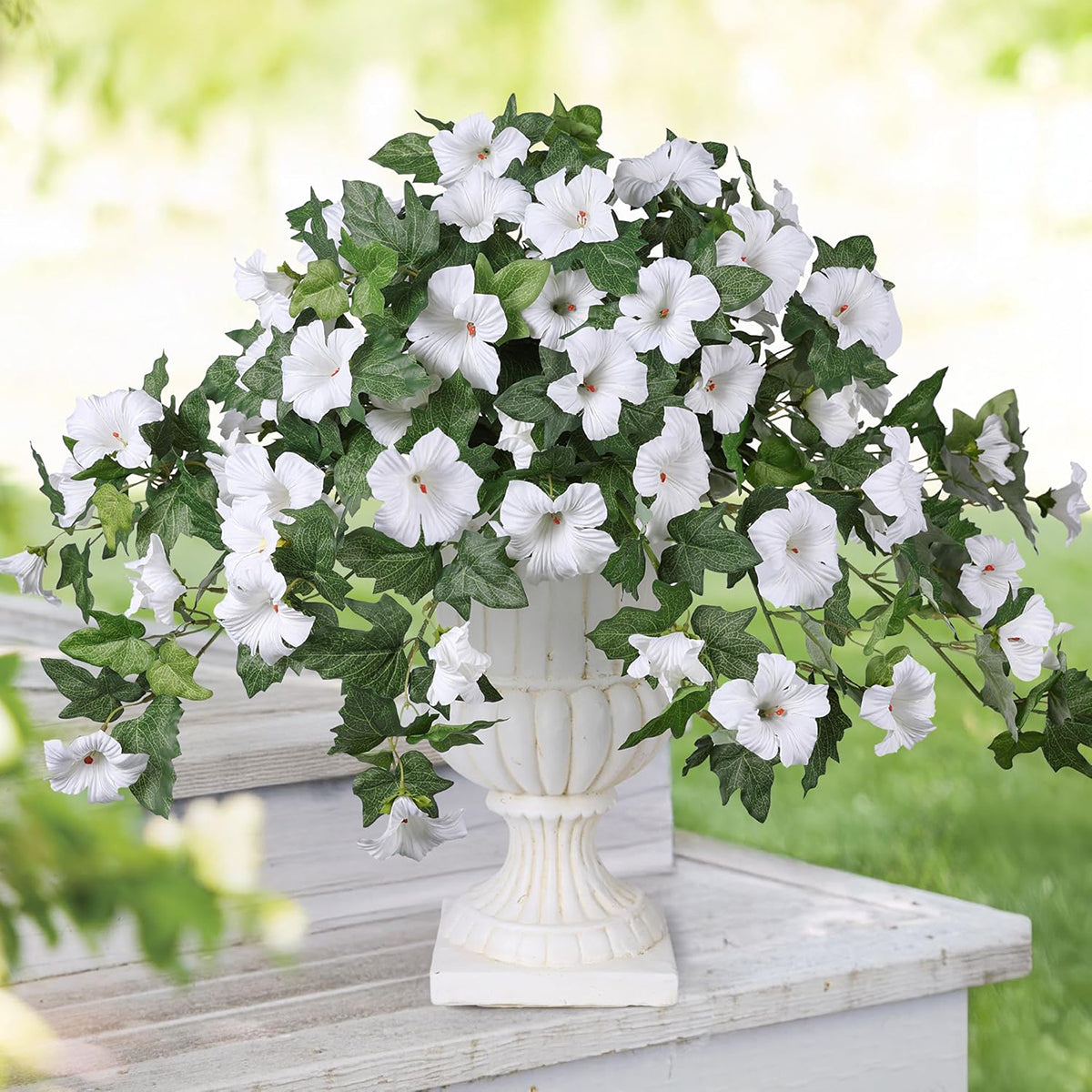 Artificial Hanging Flowers Plants with Basket for Outdoors, Artificial Petunias UV Resistant Petunias Fake Flowers for Outdoor Garden Porch Balcony Decoration