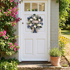 Farmhouse Blessed Wreath for Front Door | Wooden Sign Navy Blue Burlap Ribbon & White Flower Wreath for Home Wall Porch & Entryway Decor