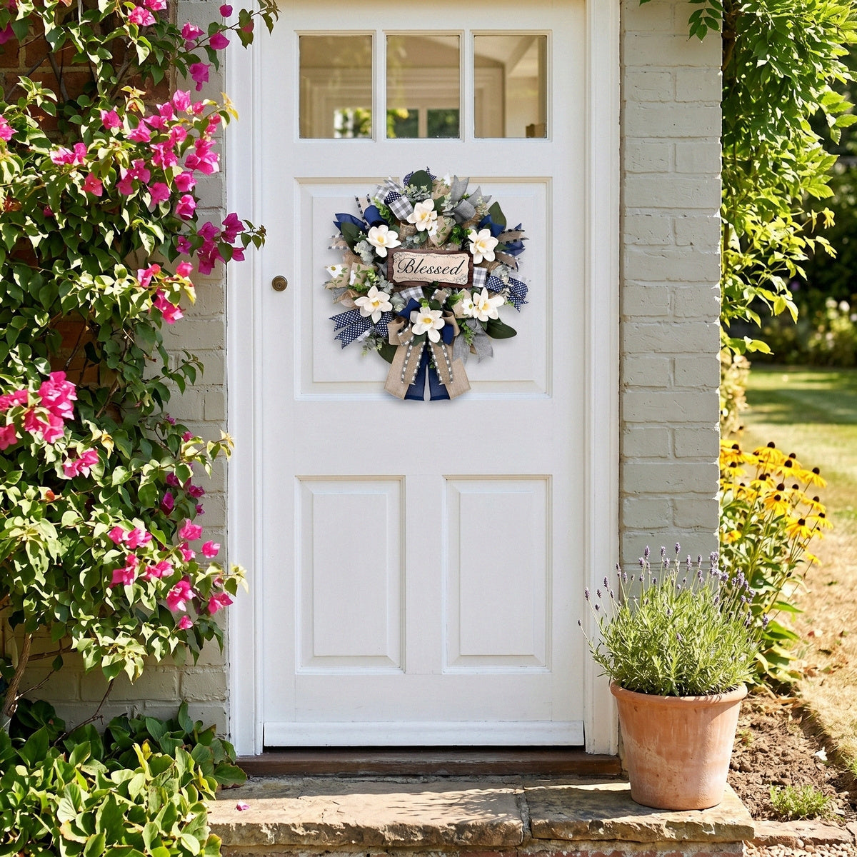 Farmhouse Blessed Wreath for Front Door | Wooden Sign Navy Blue Burlap Ribbon & White Flower Wreath for Home Wall Porch & Entryway Decor