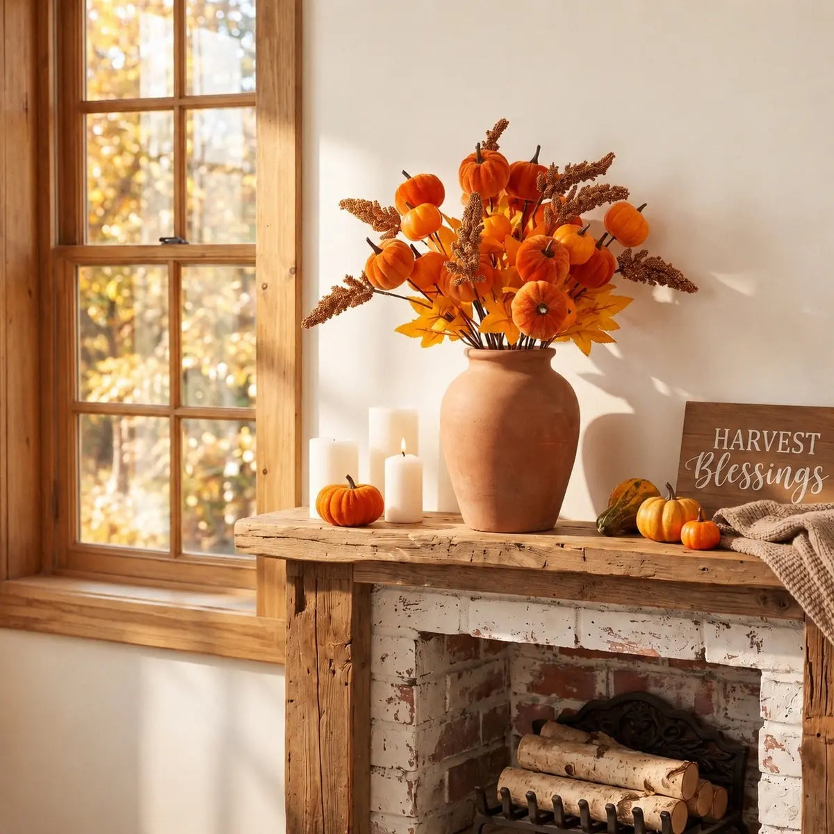 6PCS artificial autumn pumpkin berry maple stem picks arranged in a terracotta vase on a rustic brick fireplace mantel with white pillar candles, mini orange pumpkins, a gourd, and a Harvest Blessings wooden sign beside a fall foliage window view