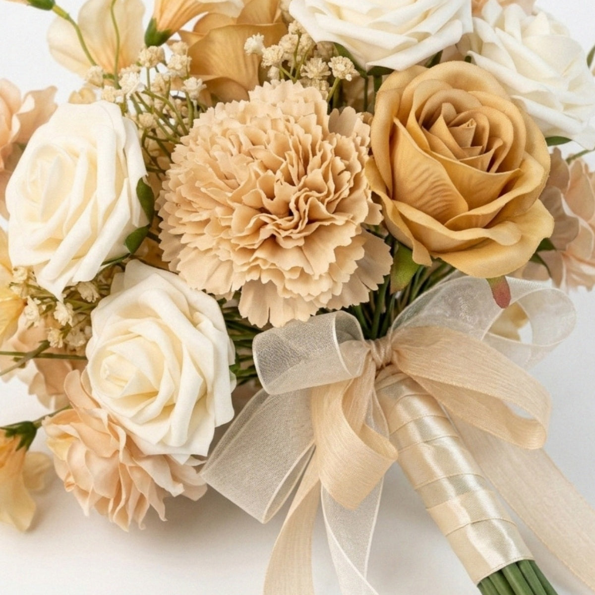 Artificial champagne rose bouquet with greenery – bride bridesmaid wedding flowers