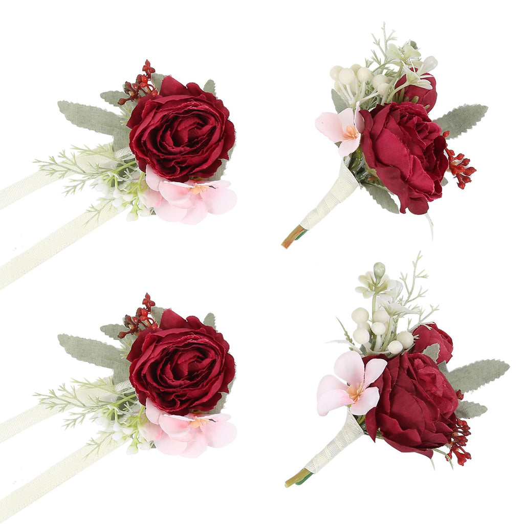 Red wrist corsage and boutonniere 4pcs artificial flower set for wedding prom