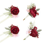 Red wrist corsage and boutonniere 4pcs artificial flower set for wedding prom