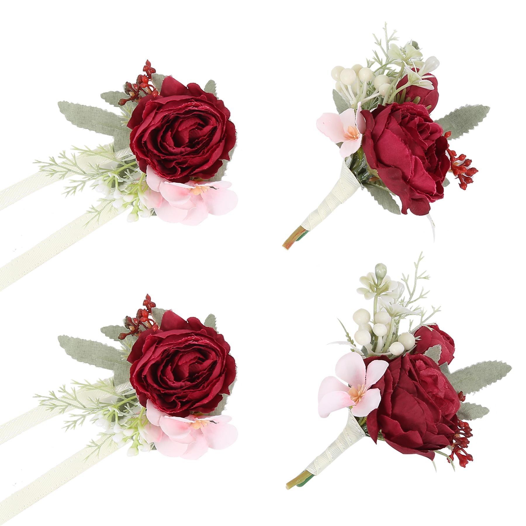 Red wrist corsage and boutonniere 4pcs artificial flower set for wedding prom