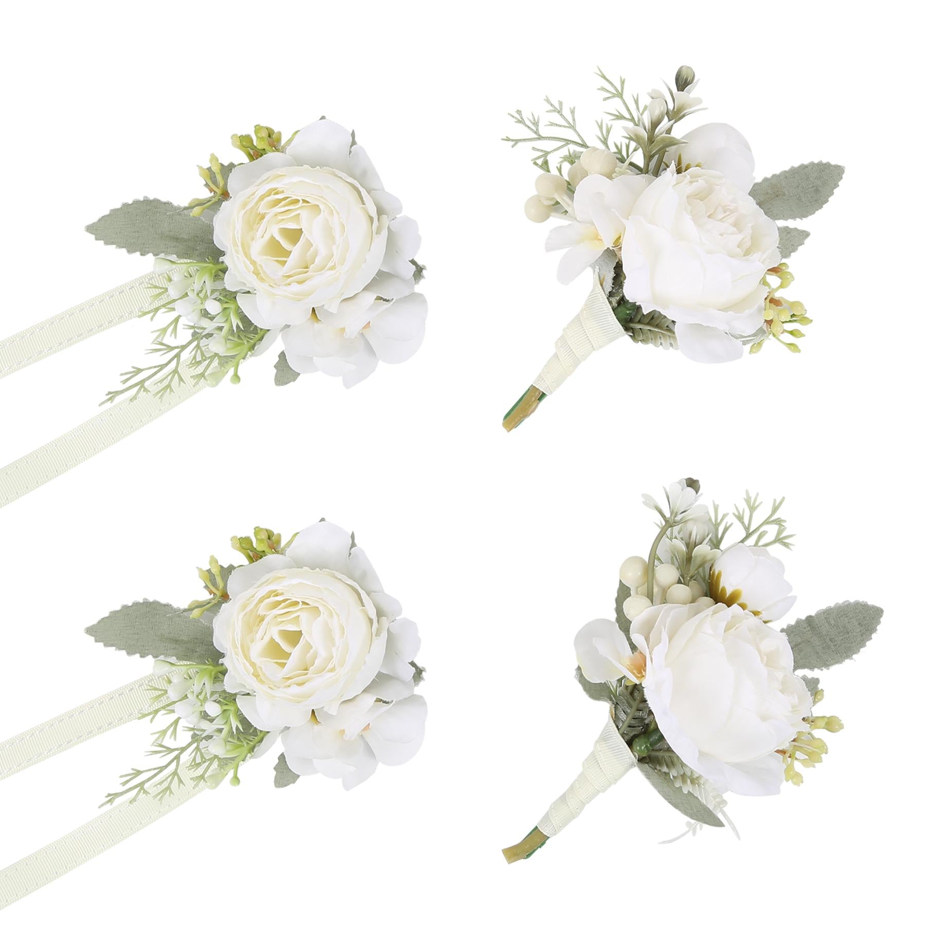 White wrist corsage and boutonniere 4pcs artificial flower set for wedding prom