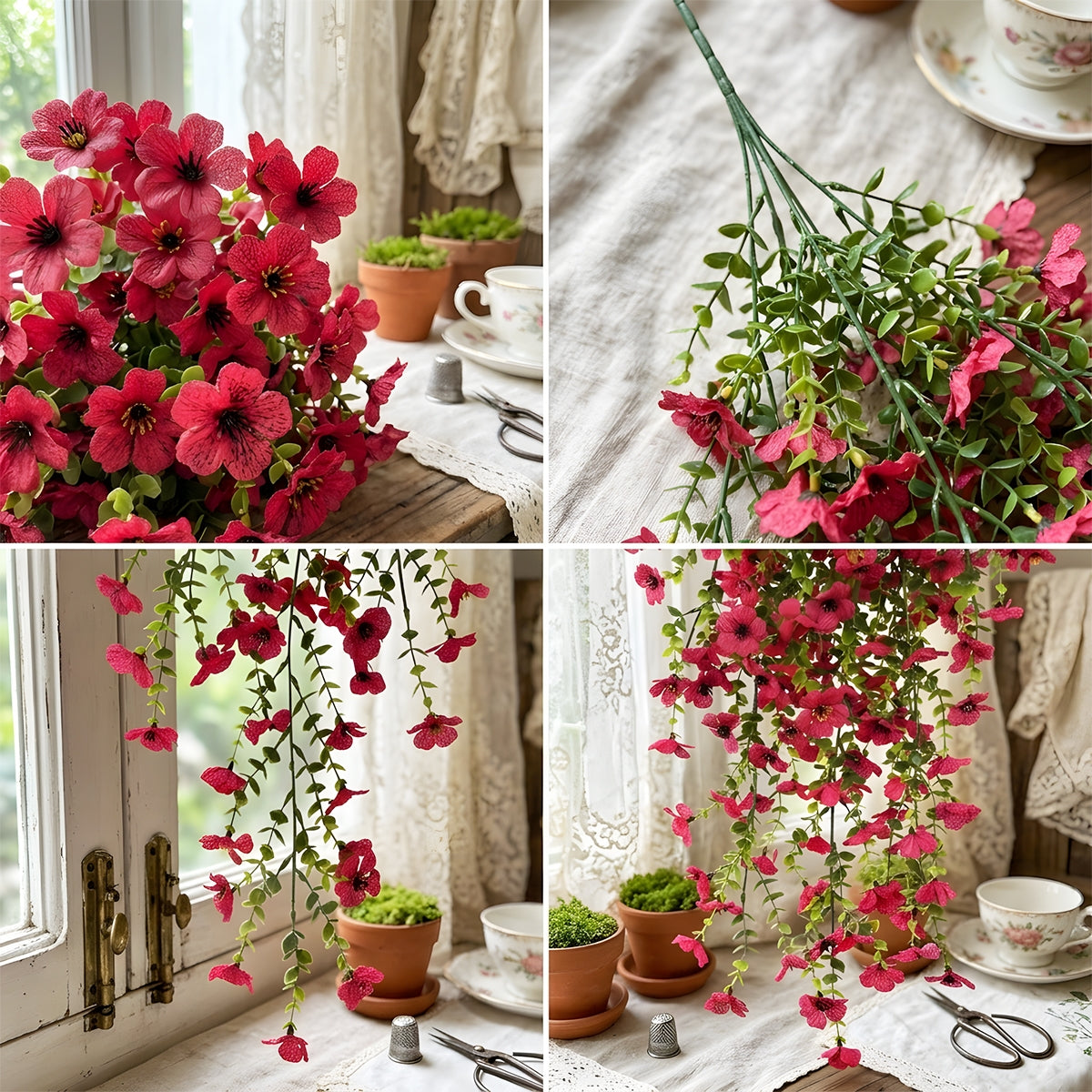 Artificial Hanging Flowers for Outdoors, Morning Glory Artificial Flowers with Eucalyptus Leaves, UV Resistant Fake Flower Realistic Faux Plants for Home Patio Porch Garden