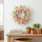 Artificial Daisy Wreath Spring Summer Floral Wreath with Pink and White Flowers for Front Door Wall Home Garden Porch Decoration