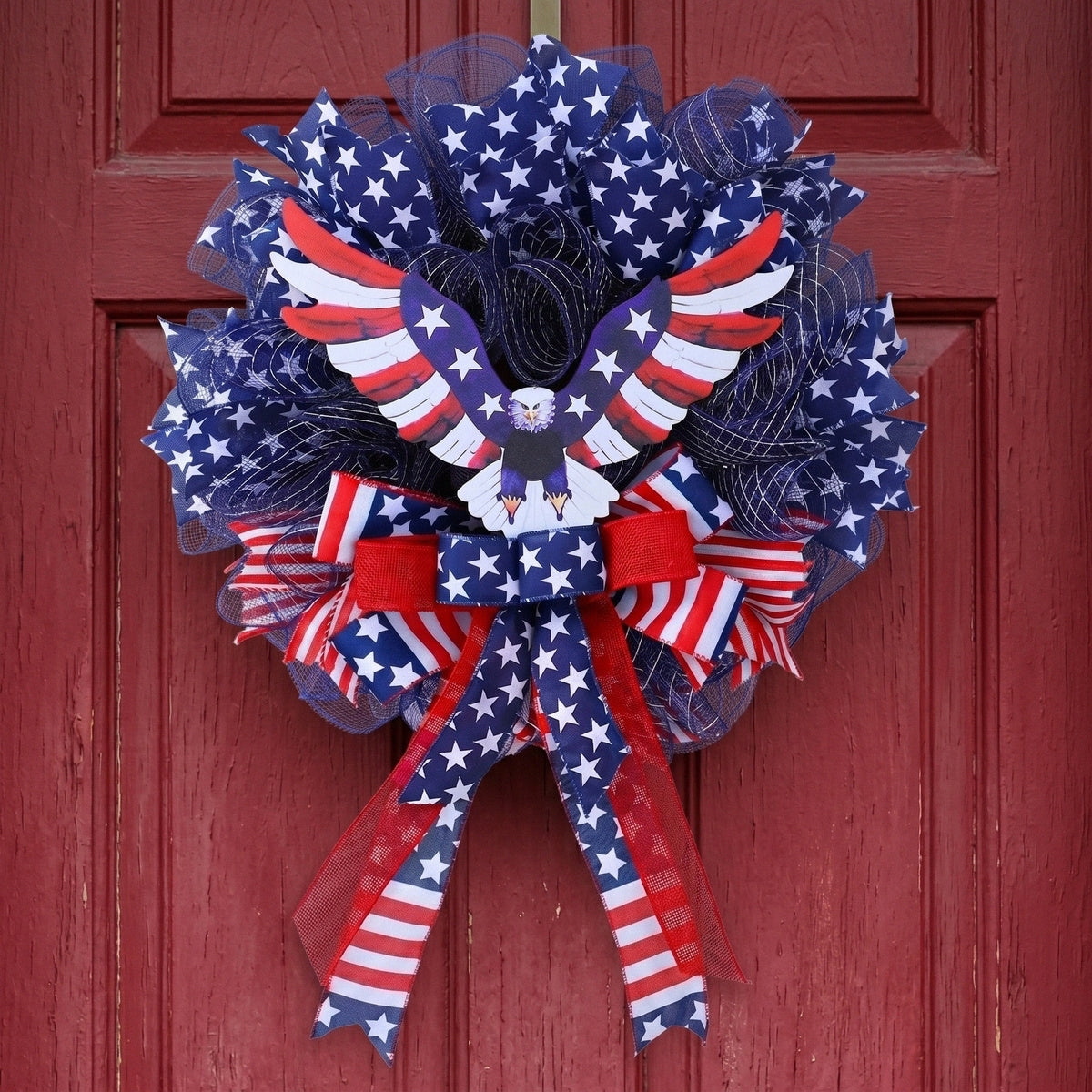 American Patriotic Wreath with Eagle American Flag Mesh Wreath 4th of July Front Door Decor Independence Day Summer Holiday Door Hanging for Home Porch