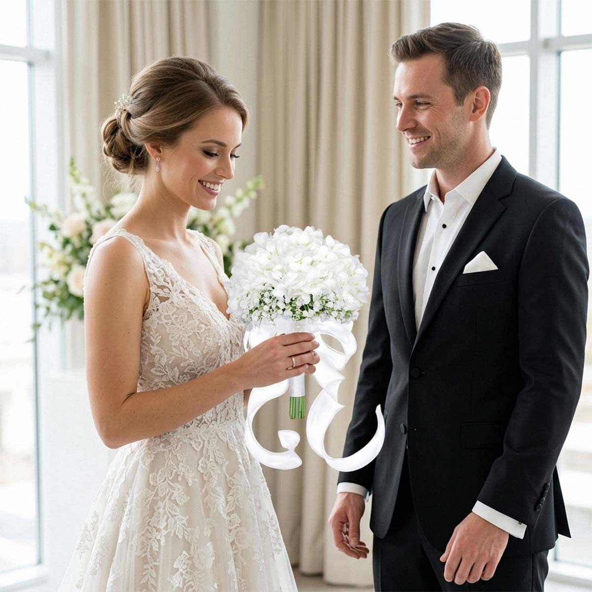White Hydrangea Wedding Bridal Bouquet, Bridesmaid Bouquet Artificial Wedding Hydrangea Bouquet, Fake Flowers for Home Indoor Outdoor DIY Floral Wedding Flower Bouquets Kitchen Table Centerpiece Decor