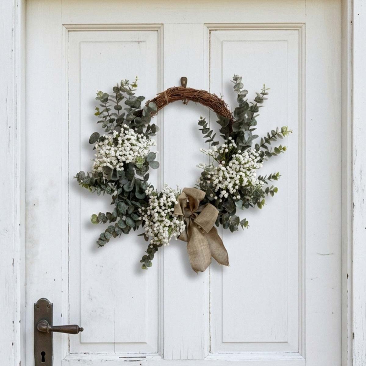 Farmhouse Eucalyptus Wreath with Burlap Bow & White Baby's Breath for Front Door Porch Wall Living Room & Bedroom Decor