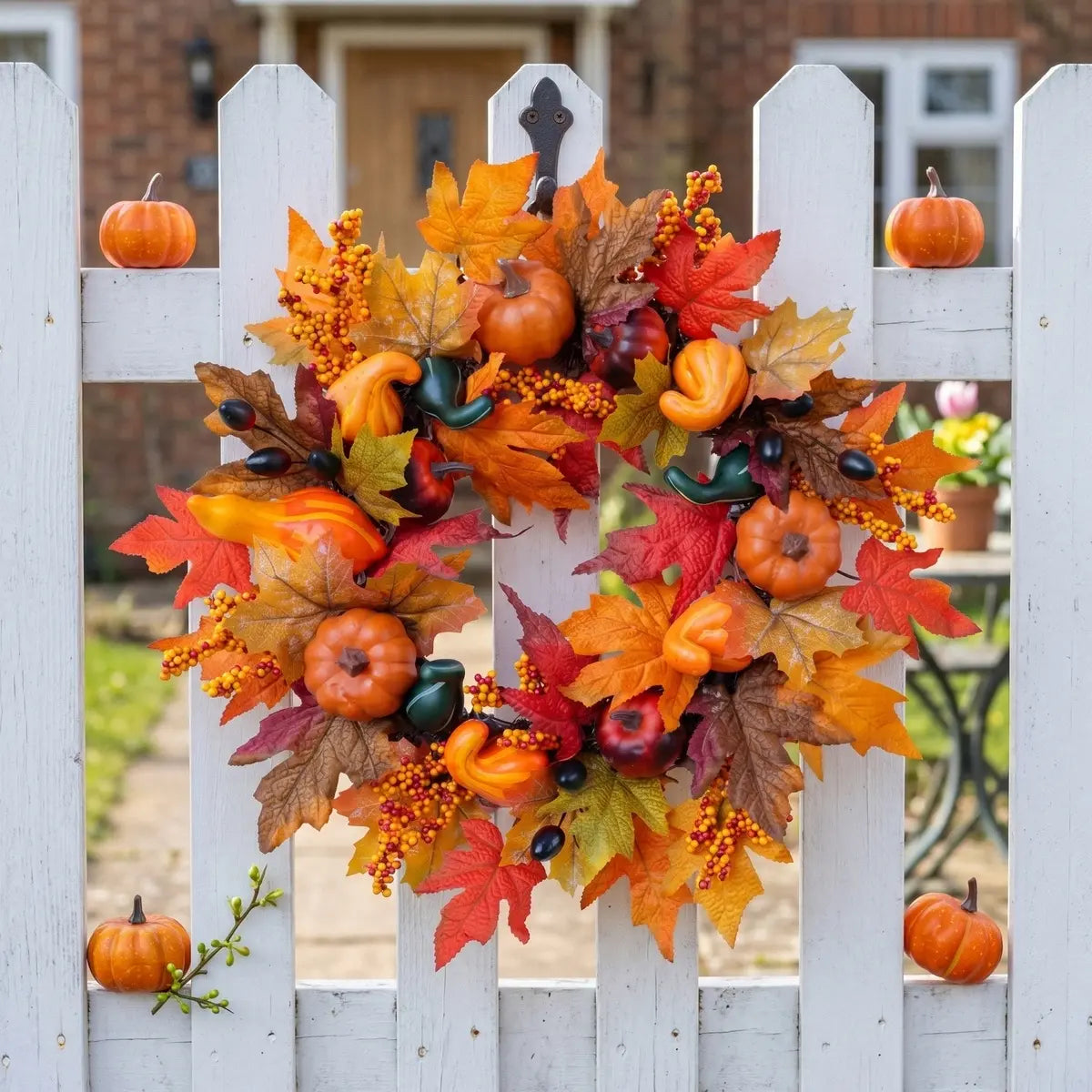 Fall harvest wreath with pumpkins, maple leaves and berries displayed on a white picket fence with autumn foliage