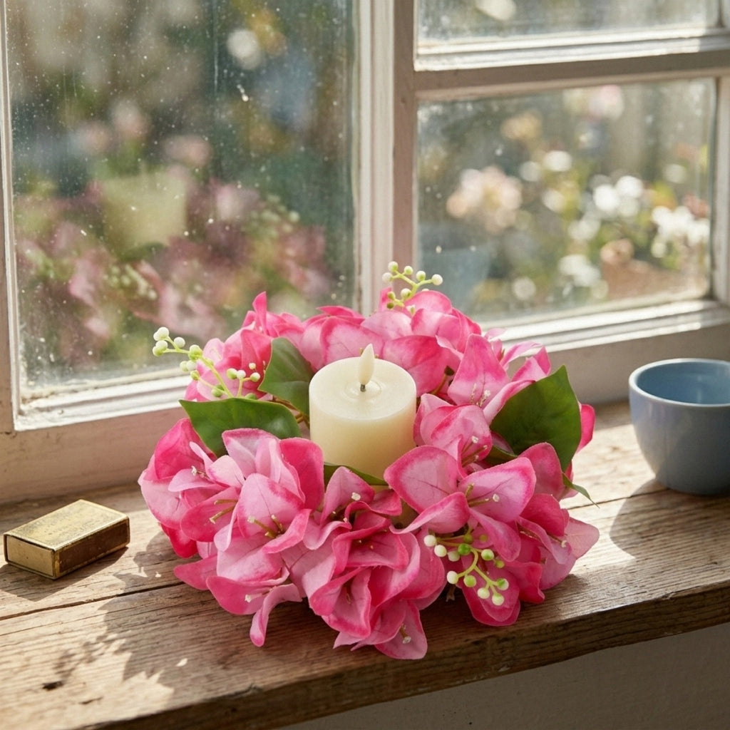 Floral Candle Wreath Rings | Artificial Bougainvillea Candle Rings for Wedding Table Centerpiece Home Decor