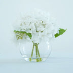 White artificial hydrangea flowers in glass vase for home dining table office decor centerpiece