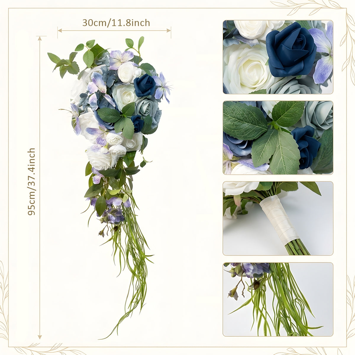 Cascading blue rose bridal bouquet styled for waterfall shape by IPOPU