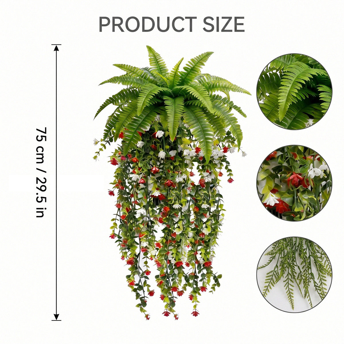 Artificial Hanging Fern Plant with Red and White Flower Vines Fake Boston Fern Wall Basket Greenery for Home Garden Patio Porch Ceiling Decor