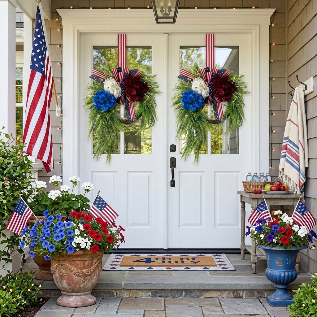 Patriotic Wreath with Red White Blue Hydrangea & Flag Bow | 4th of July Front Door Decor for Summer Holiday Home Porch & Wall Art