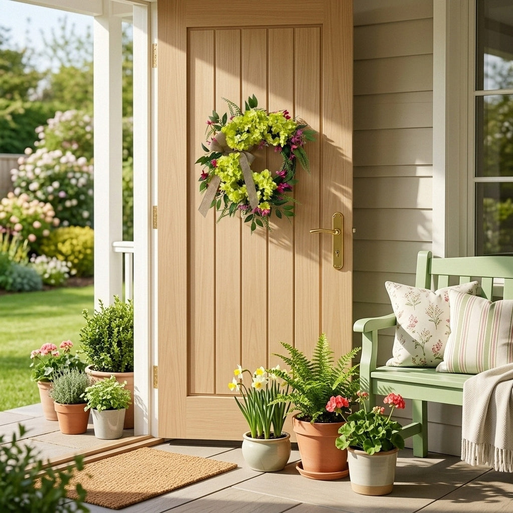 Hydrangea wreath rustic farmhouse style styled for front door hanging by IPOPU
