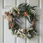 Side view of modern farmhouse front door wreath with hydrangea for neutral green leaf by IPOPU