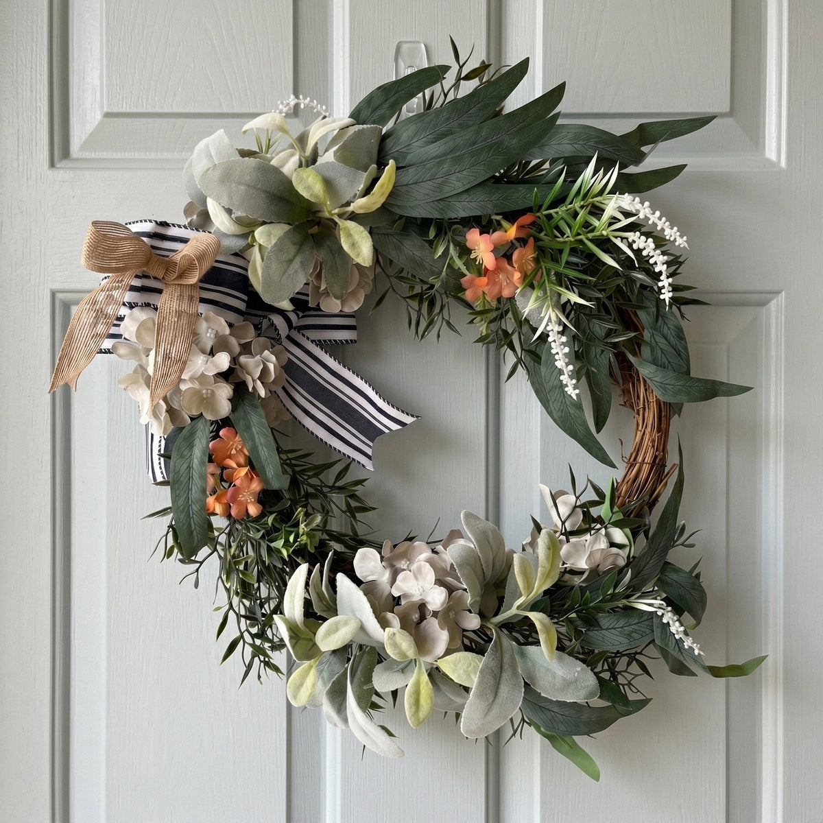 Modern Farmhouse Front Door Wreath with Hydrangea & Black White Striped Bow | Neutral Green Leaf Wall Art for Fall Winter Home Porch Decor