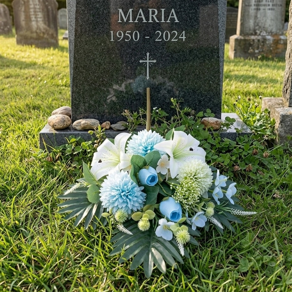 Cemetery Flowers for Grave, Outdoor Lily Chrysanthemum Hydrangea Rose Artificial Flowers Grave Flowers with Cemetery Vase, Lasting and Non-Bleed Colors