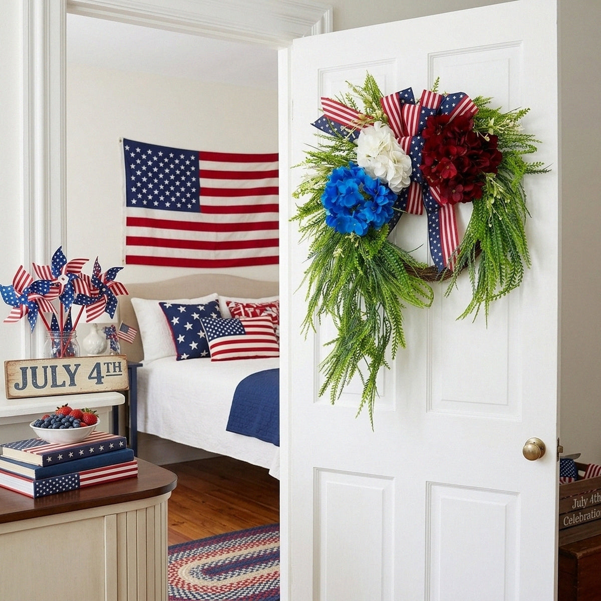 Patriotic Wreath Fourth of July Front Door Decor Red White Blue Hydrangea Wreath with Flag Bow Summer Holiday Wall Art for Home Porch