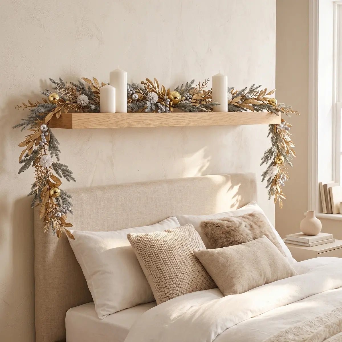 5.9FT Christmas gold leaves garland with gilded golden leaves, frosted pine branches, gold ball ornaments, silver pearl berry clusters and white pompom flowers, draped across a floating oak wood shelf above a linen upholstered bed headboard, styled with three white pillar candles, in a serene neutral bedroom with warm winter sunlight