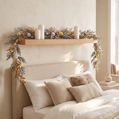 5.9FT Christmas gold leaves garland with gilded golden leaves, frosted pine branches, gold ball ornaments, silver pearl berry clusters and white pompom flowers, draped across a floating oak wood shelf above a linen upholstered bed headboard, styled with three white pillar candles, in a serene neutral bedroom with warm winter sunlight