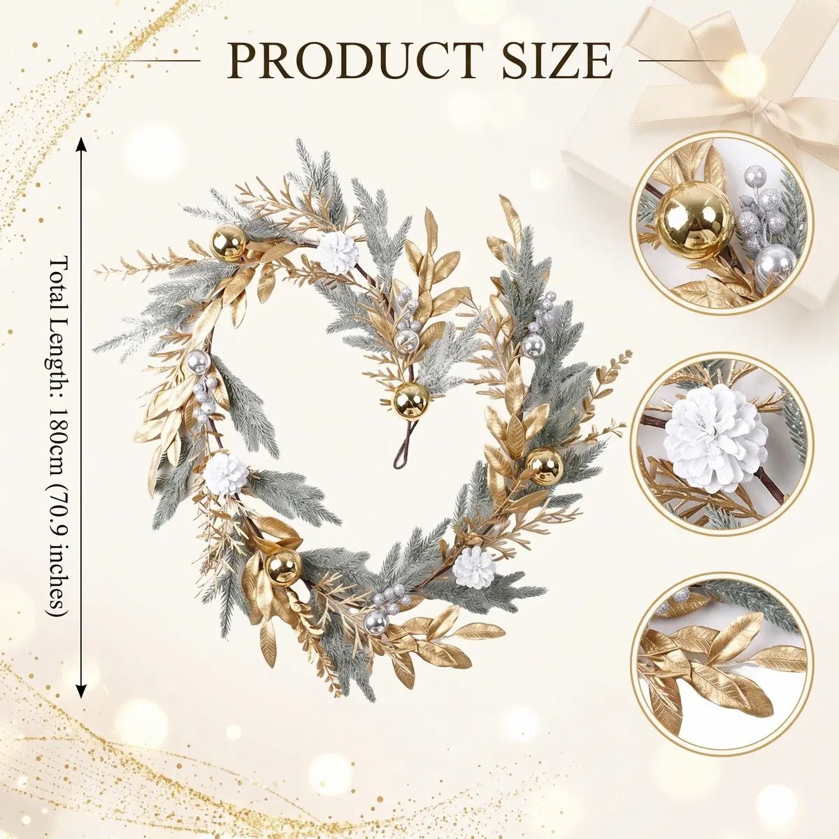 Christmas gold leaves garland product size chart showing 180cm (70.9 inch / 5.9FT) total length, with close-up detail callouts of shiny gold ball ornament with silver pearl berry cluster, white pompom flower accent, and gilded gold magnolia leaf on frosted pine branch base