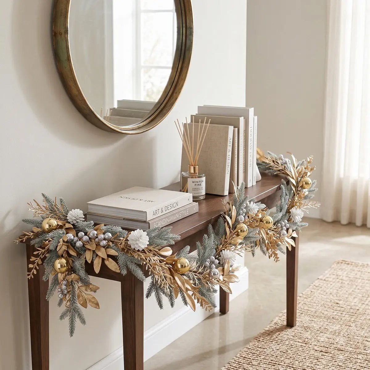 5.9FT Christmas gold leaves garland with gilded golden leaves, frosted pine branches, gold ball ornaments, silver pearl berry clusters and white pompom flowers, draped across a dark walnut console table in a minimalist entryway, styled with stacked art and design books, a Winter Pine reed diffuser and a round antique gold mirror above