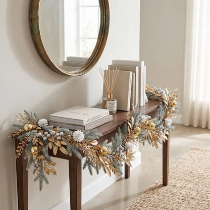 5.9FT Christmas gold leaves garland with gilded golden leaves, frosted pine branches, gold ball ornaments, silver pearl berry clusters and white pompom flowers, draped across a dark walnut console table in a minimalist entryway, styled with stacked art and design books, a Winter Pine reed diffuser and a round antique gold mirror above