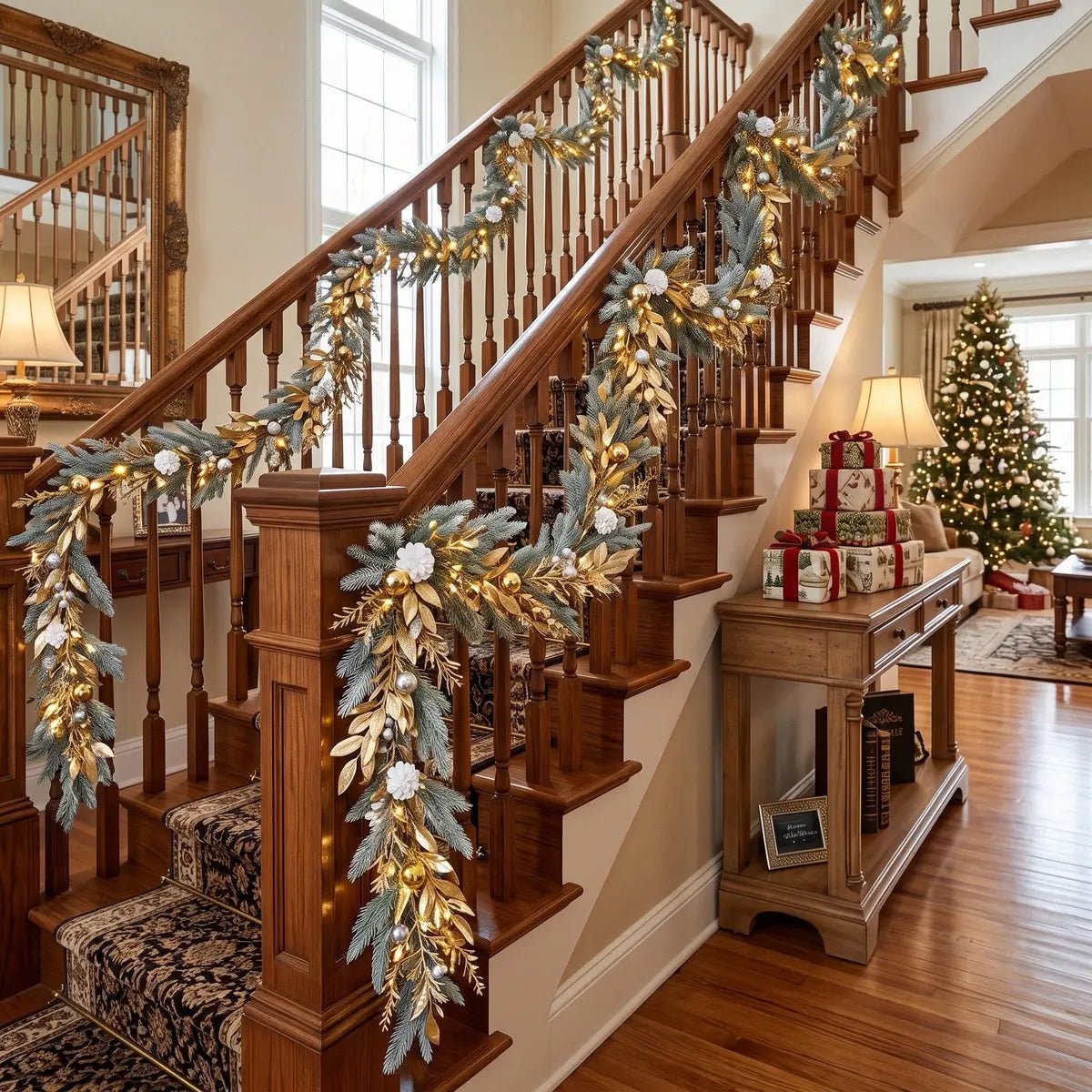 5.9FT Christmas gold leaves garland with gilded golden leaves, frosted pine branches, shiny gold ball ornaments, silver pearl berry clusters and white pompom flowers, draped along a dark walnut wood staircase railing with warm fairy lights in a classic American colonial home, with a fully decorated Christmas tree and wrapped gifts visible in the living room background