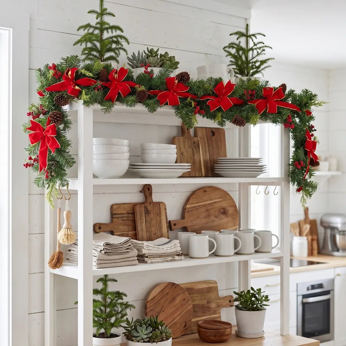 59 inch Christmas pine garland with red velvet gold-trim bows, red berry clusters and natural pinecones, draped in a U-shape across the top of a white open kitchen shelving unit styled with stacked white bowls, white plates, grey ceramic mugs, wood cutting boards and linen dish towels, with small potted Christmas trees and succulent plants on top, in a bright white shiplap farmhouse kitchen