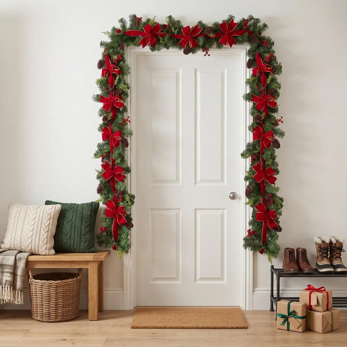 59 inch Christmas pine garland with red velvet gold-trim bows, red berry clusters and natural pinecones, wrapped around a white interior door frame from top to bottom on both sides, creating a full Christmas archway, with a wood entryway bench with cream cable knit and green throw pillows, a wicker storage basket, a coir doormat and a shoe rack with brown leather boots, and kraft paper Christmas gifts with red and green ribbon on the floor
