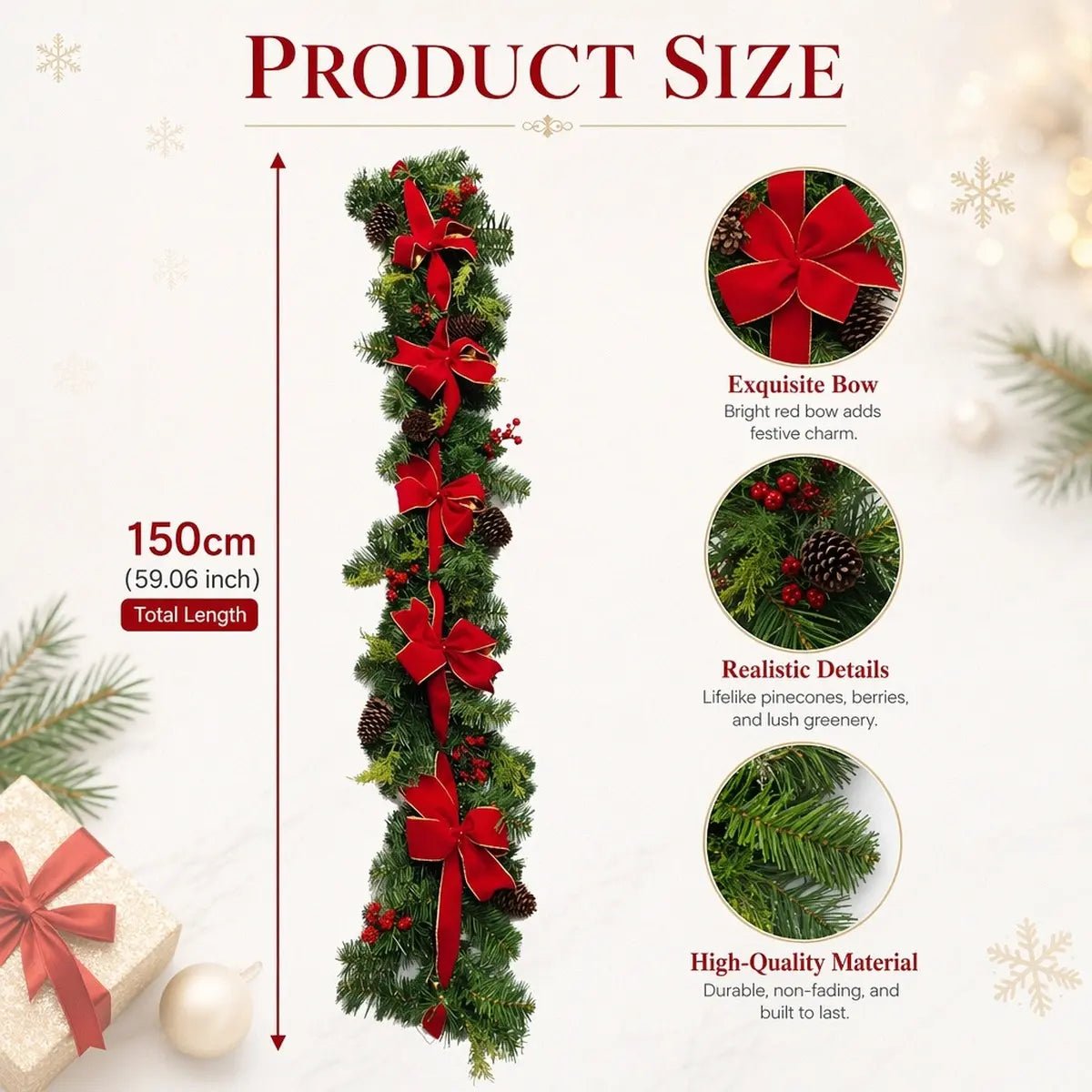 Christmas pine garland product size chart showing 150cm (59.06 inch) total length, with three close-up detail callouts: red velvet bow with gold trim edge, realistic red berry cluster with natural pinecone on mixed pine greenery, and dense lush mixed pine needle branch construction with non-fading high-quality material label