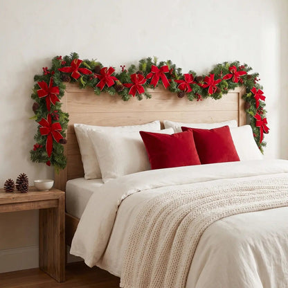59 inch Christmas pine garland with red velvet gold-trim bows, red berry clusters and natural pinecones, draped across the top of a natural wood plank bed headboard and cascading down both sides, above a bed dressed with white linen bedding, a cream cable knit throw and two red velvet accent pillows, with a rustic wood nightstand holding two natural pinecones and a small white bowl, in a warm minimalist Christmas bedroom
