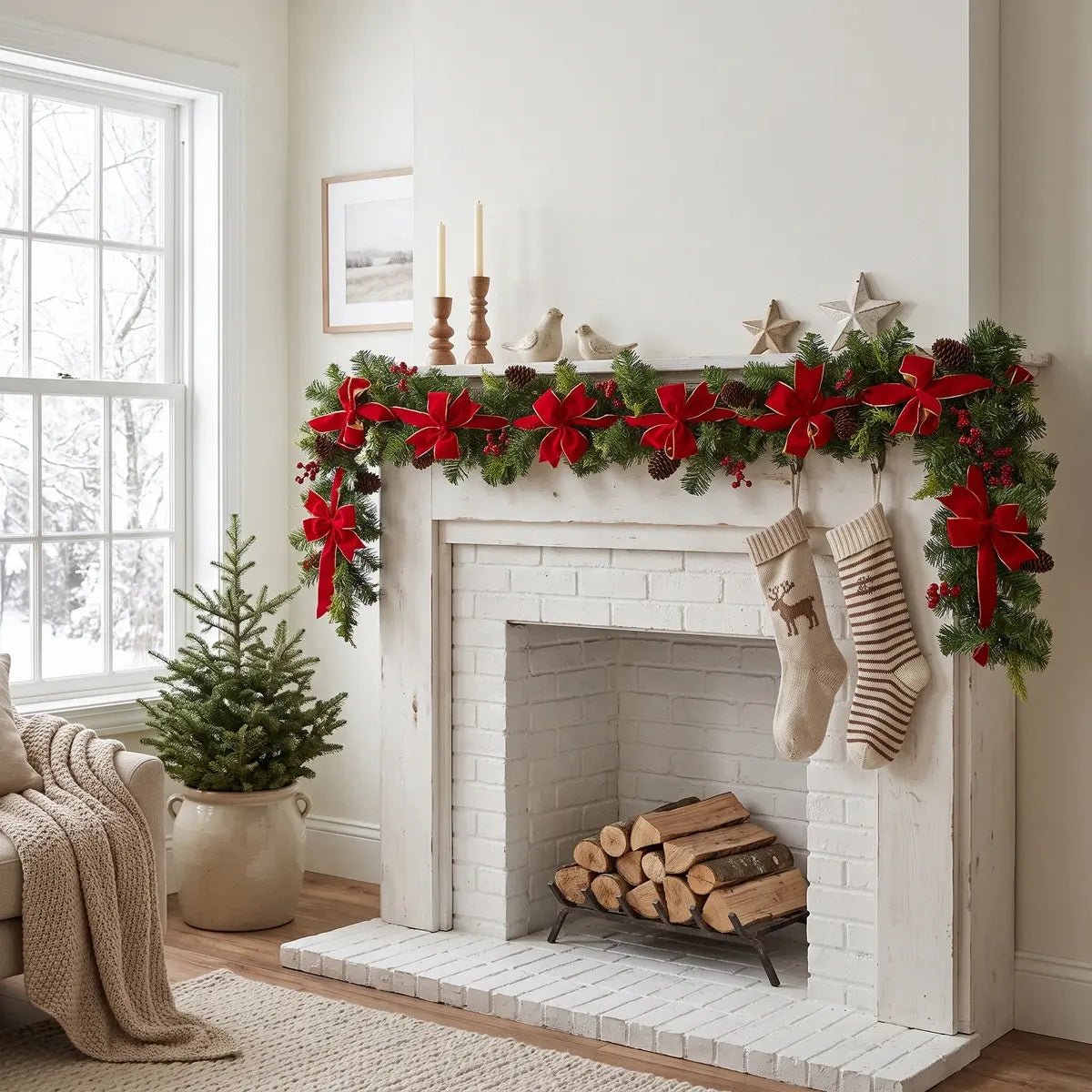 59 inch Christmas pine garland with red velvet gold-trim bows, red berry clusters and natural pinecones, draped across a white painted brick fireplace mantel with two taper candles on turned wood candlestick holders, three ceramic bird figurines and two metal star ornaments, with two knit Christmas stockings hanging from the mantel edge and a small potted Christmas tree on the floor beside the hearth, in a bright neutral farmhouse living room with a snowy winter view through the window