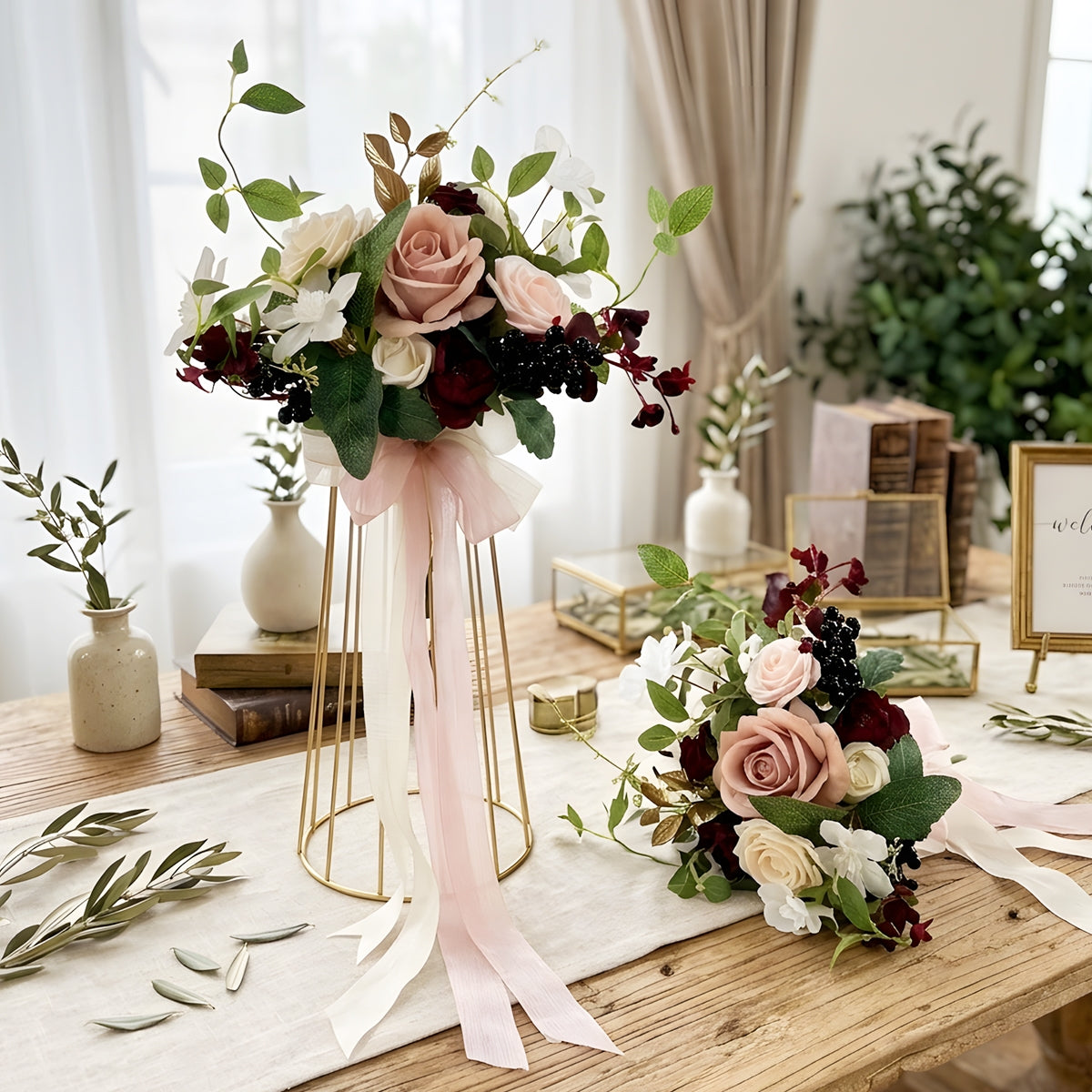 Burgundy & Dusty Pink Rose Bouquet with Peony & Eucalyptus | Wedding Bridal Flowers