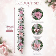 Christmas Cane Garland with Pink Bows & Magnolia Blooms – 5.9ft