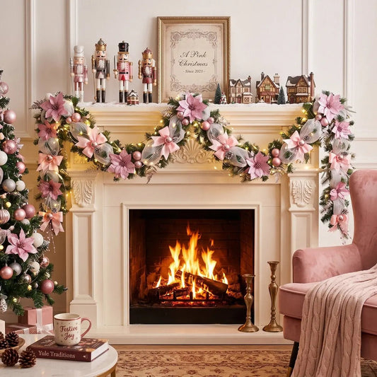 5.9FT luxury Christmas cane garland with pink poinsettia blooms, mesh bows and rose gold ball ornaments, draped across a white fireplace mantel in an elegant pink Christmas living room with nutcracker figurines and lit Christmas tree
