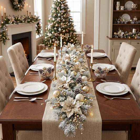 5.9FT Christmas garland with champagne poinsettia blooms, gold ball ornaments, pine cones and pearl berries, styled as a table runner centerpiece on a dark wood dining table with white taper candles and place settings, lit Christmas tree and fireplace in background
