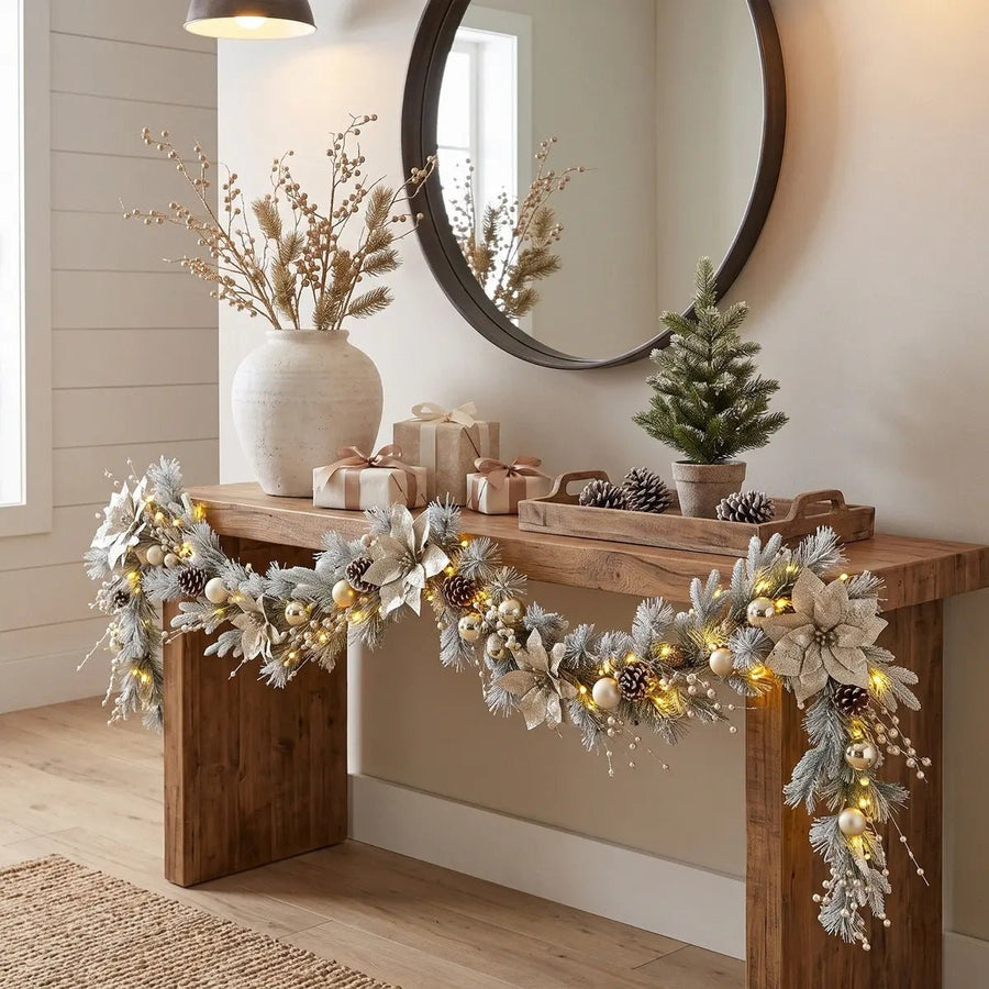 Christmas Garland with Silver & White Ornaments, Pine Cones & Bow – 5.9ft