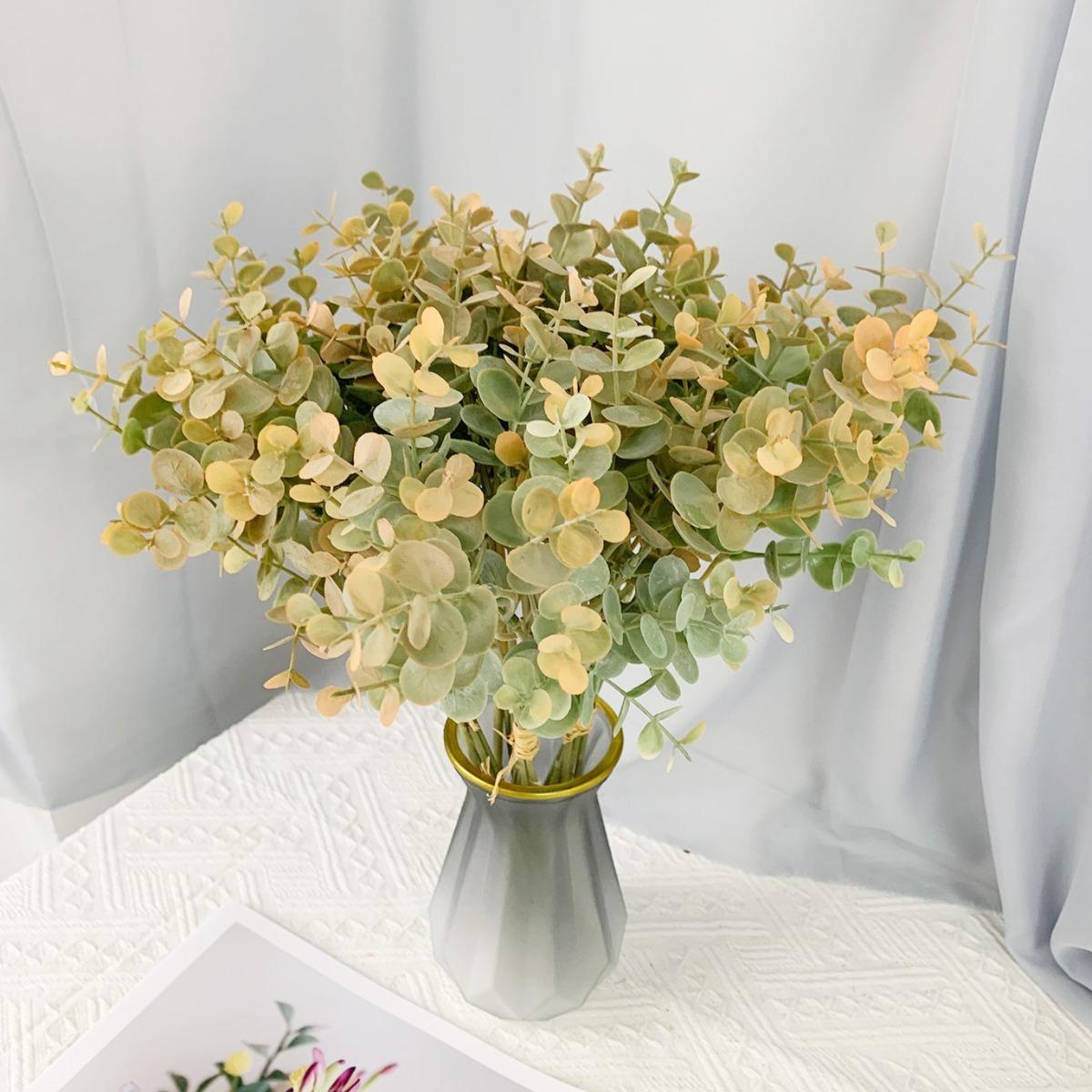 Artificial Eucalyptus Stems in Glass Vase with Faux Water 4pcs | Home Centerpiece & Office Decor in Green Purple Orange