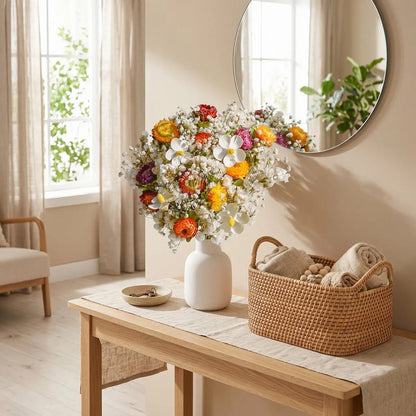 Natural dried flower bouquet in white vase on wooden entryway console table with rattan basket, boho home decor
